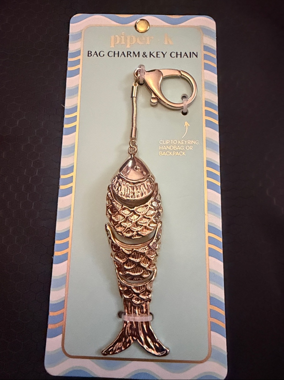 piper•k Gold Tone Fish Bag Charm Keyring